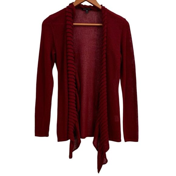 Eileen Fisher Knit Red Lightweight Linen Blend Waterfall Ruffle Sweater Cardigan - Picture 1 of 6